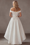 Ivory Satin A Line High Low Engagement Dress with Rhinestones