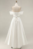 Ivory Satin A Line High Low Engagement Dress with Rhinestones