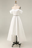 Ivory Satin A Line High Low Engagement Dress with Rhinestones
