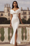 Sheath V-Neck Long Ivory Satin Engagement Dress