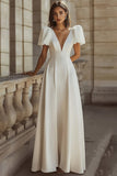 Ivory Long Satin A Line V-Neck Engagement Dress