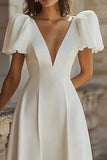 Ivory Long Satin A Line V-Neck Engagement Dress