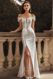 Silver Sequins Sheath Off the Shoulder Long Engagement Dress with Slit