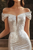 Silver Sequins Sheath Off the Shoulder Long Engagement Dress with Slit