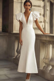 Ivory V-Neck Satin Mermaid Engagement Dress with Ruffles