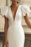 Ivory V-Neck Satin Mermaid Engagement Dress with Ruffles