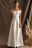 Long Satin A Line Off the Shoulder Ivory Engagement Dress