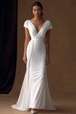 Sheath V-Neck Long Ivory Engagement Dress