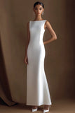 Bateau Simple Satin Sheath Ivory Engagement Dress