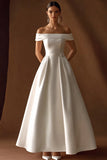 Ivory Satin A Line Off the Shoulder Long Engagement Dress