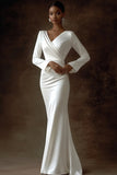 Ivory Long Satin Sheath V-Neck Engagement Dress