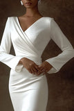 Ivory Long Satin Sheath V-Neck Engagement Dress