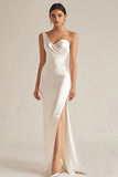Ivory Sheath One Shoulder Long Engagement Dress with Slit