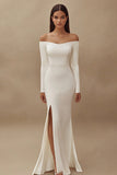 Ivory Sheath Long Satin Engagement Dress with Slit