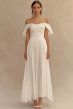 Long Chiffon A Line Off the Shoulder Ivory Engagement Dress