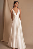 Ivory A Line V-Neck Long Engagement Dress with Sash