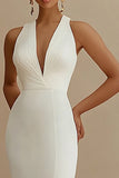 Ivory Mermaid Long Satin Engagement Dress with Slit