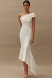 One Shoulder Satin Sheath Ivory Engagement Dress with Ruffles