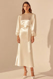Satin Sheath Bateau Ivory Long Engagement Dress with Sash
