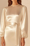 Satin Sheath Bateau Ivory Long Engagement Dress with Sash