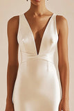 V-Neck Simple Satin Sheath Ivory Engagement Dress