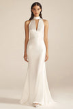Ivory Sheath Long Keyhole Satin Engagement Dress