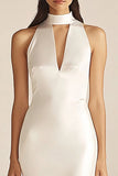 Ivory Sheath Long Keyhole Satin Engagement Dress