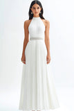 Ivory Satin A Line Halter Pleated Long Engagement Dress