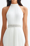 Ivory Satin A Line Halter Pleated Long Engagement Dress