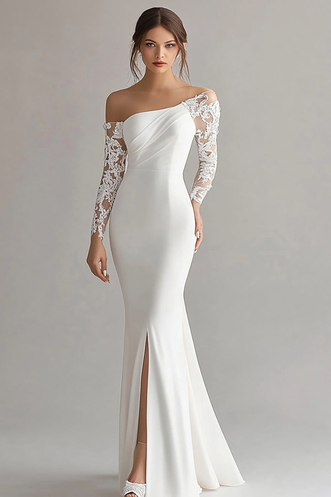 Zapaka Women Long Ivory Engagement Dress with Lace Long Sleeves Sheath