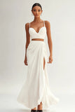 Ivory Two Piece Sheath Spaghetti Straps Long Engagement Dress with Slit