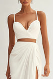 Ivory Two Piece Sheath Spaghetti Straps Long Engagement Dress with Slit
