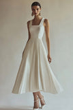 Ivory Satin A Line Square Neck Tea-Length Engagement Dress with Pleats