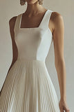 Ivory Satin A Line Square Neck Tea-Length Engagement Dress with Pleats