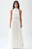 High Neck Chiffon A Line Ivory Engagement Dress with Belt