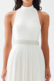 High Neck Chiffon A Line Ivory Engagement Dress with Belt