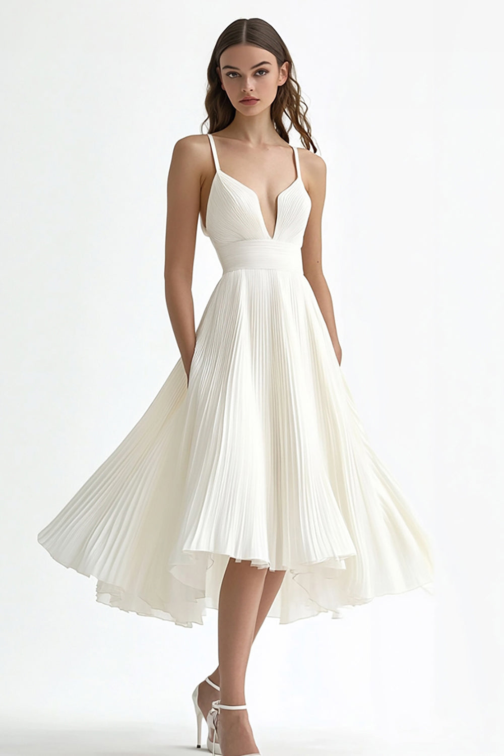 Zapaka Women Ivory Long Engagement Dress Sleeveless Chiffon V-Neck Wedding Reception Dress ZAPAKA Zapaka Women Ivory Long Engagement Dress Sleeveless Chiffon V-Neck Wedding Reception Dress ZAPAKA