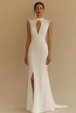 Ivory Sheath High Neck Long Engagement Dress with Slit
