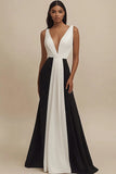 Satin Sheath V-Neck Long Black and White Formal Dress