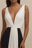 Satin Sheath V-Neck Long Black and White Formal Dress