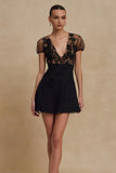 Black Chiffon A Line V-Neck Little Black Dress with Lace