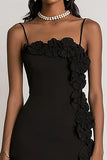 Black Bodycon Floral Satin Little Black Dress
