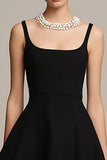 Black Square Satin A Line Little Black Dress