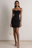 Satin Bodycon Spaghetti Straps Little Black Dress with Ruffles