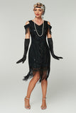 Sparkly Black Cold Shoulder Sequin Short 1920s Dress with Fringes