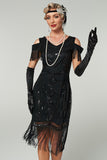 Sparkly Black Cold Shoulder Sequin Short 1920s Dress with Fringes
