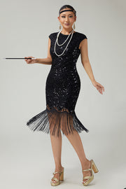 Black Sequined Bodycon Fringed 1920s Dress