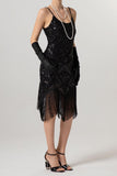 Sparkly Black Sequin Spaghetti Straps Bodycon Short 1920s Dress with Fringes