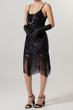 Sparkly Black Sequin Spaghetti Straps Bodycon Short 1920s Dress with Fringes