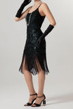 Sparkly Black Sequin Spaghetti Straps Bodycon Short 1920s Dress with Fringes